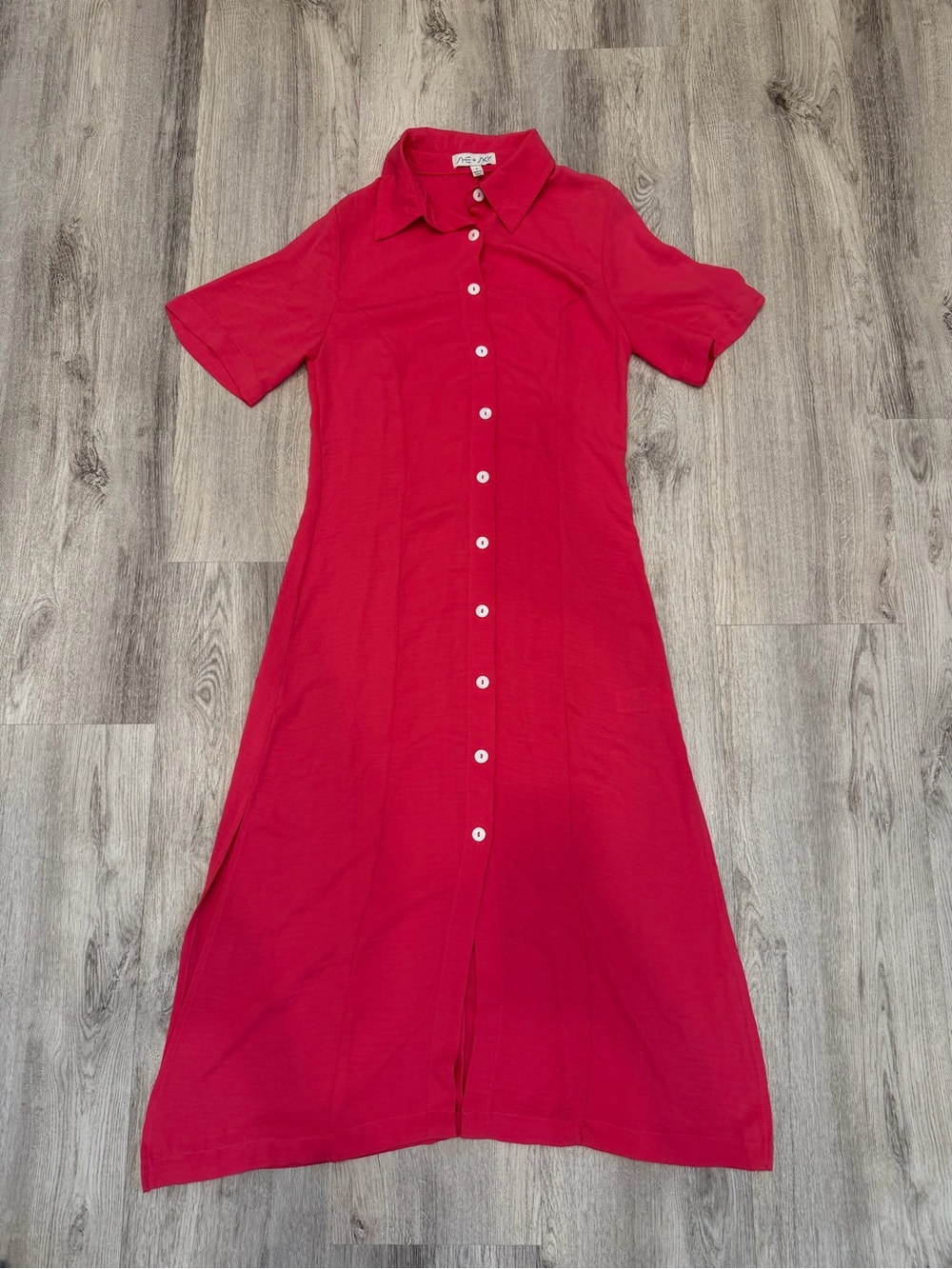 She + Sky Small Hot Pink Button Front Midi Shirt Dress Side Slits